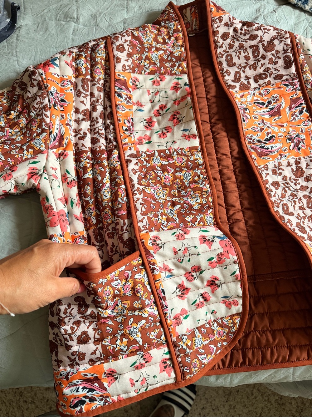 Quilted Floral Bomber Jacket in Rust & Cream